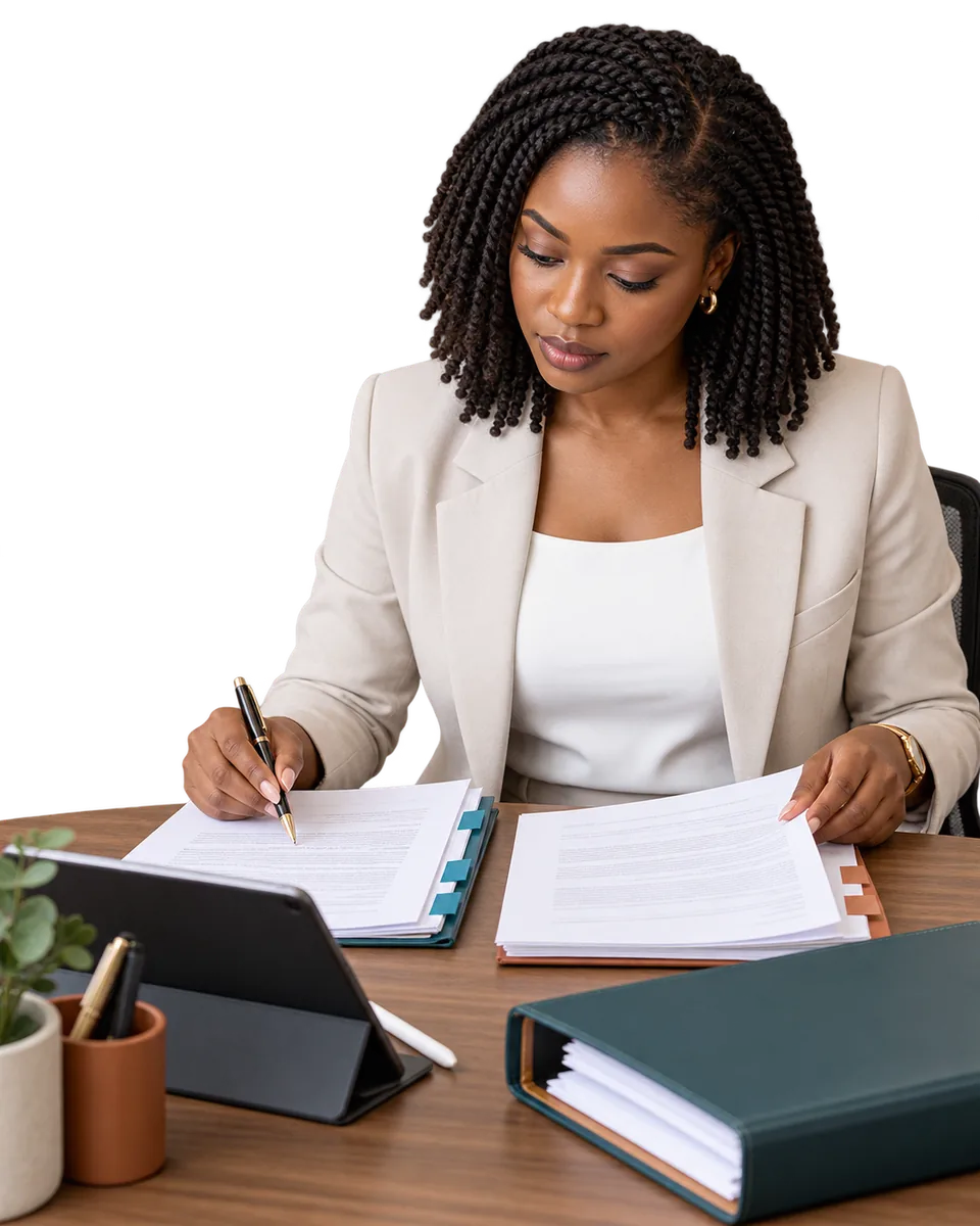 An associate comparing document revisions beside a tablet and precedent binder