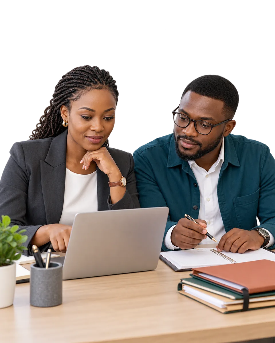 A partner and practice manager planning their day with a laptop, matter folders and a diary