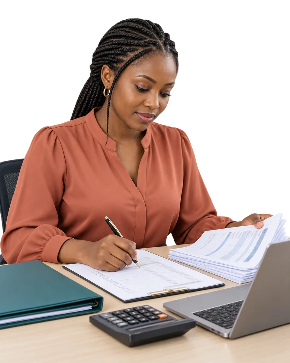 A people operations manager checking payroll records and a monthly checklist