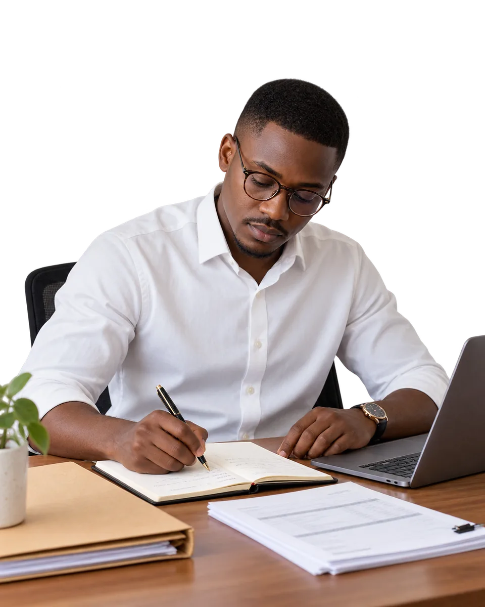 An associate recording completed work beside his laptop and matter file