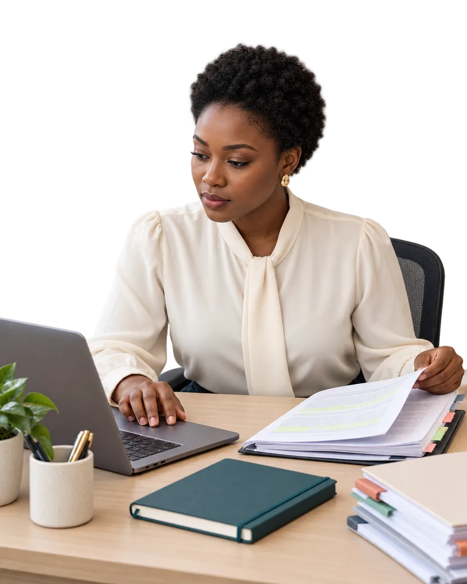 An advocate checking a source document alongside her laptop