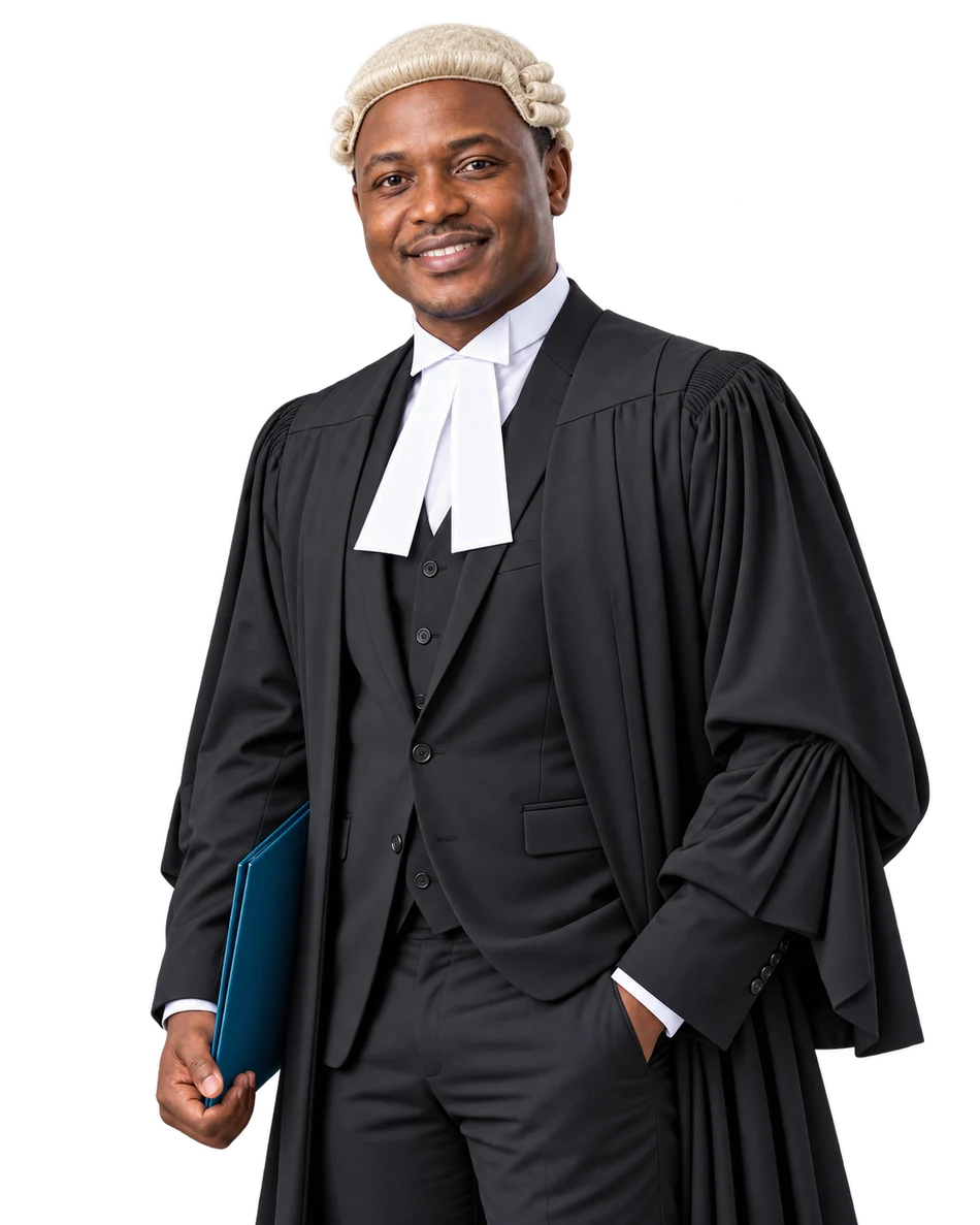 Fictional advocate in a courtroom gown and barrister wig holding a case folder, created for KesiHub